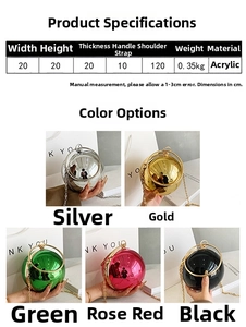 Dettaglio delle borse da sera tonde in acrilico in argento oro verde e oro rosa metal