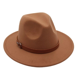 Close-up of the brown felt fedora hat with a leather band and silver metal buckle detail