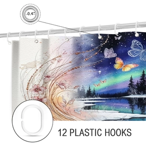 Detail of 12 plastic shower hooks and 0.4-inch metal grommets on a floral art curtain
