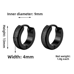 Detailed specs of black titanium steel huggie earrings with brushed texture and dimensions