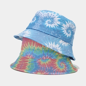 Flat top cotton rainbow tie-dye bucket hats for women in blue and multicolor patterns