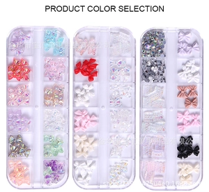 Detailed view of 12-grid nail art kit featuring colorful resin bows and rhinestones