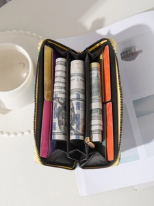 Ethnic style yellow PU leather accordion wallet with large capacity and multi-card slots