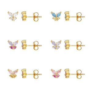 Set of 6 pairs butterfly stud earrings with colorful zircons in gold plated finish