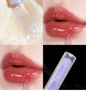 Glossy holographic lip gloss swatches and close-up detail of shimmering water mirror finish