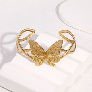 18k gold plated stainless steel open bangle featuring a detailed butterfly design