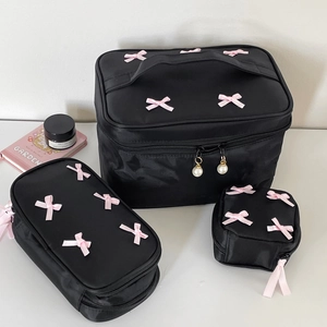Aesthetic Makeup Bag Pink Ribbon Bow Decoration Nylon Fabric Portable Cosmetic Organizer For Travel Sweet Balletcore