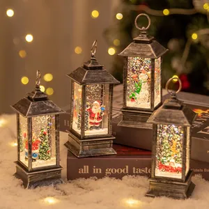 Silver Christmas lantern set with Santa and snowman scenes, featuring festive LED snow globes