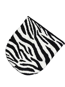 Detailed view of black and white zebra pattern knit beanie with soft woven texture