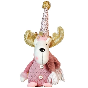 Pink and gold Christmas reindeer plush doll with sequins and knitted details on white background