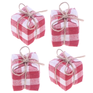 Four-pack Christmas red and white plaid cotton linen mini gift box ornaments for party decor
