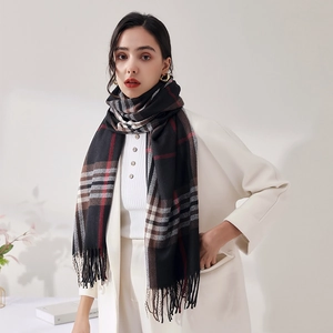 Classic British plaid scarf for women in warm brown and black with tassel hem details