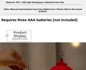Macro view of a red PVC Christmas lantern with LED lights and detailed packaging info