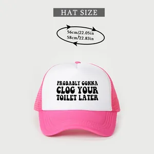 Size guide for a pink and white trucker hat showing dimensions of 56cm to 58cm circumference