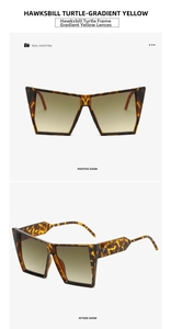 Detailed views of tortoise shell cat eye sunglasses with vintage yellow gradient lenses