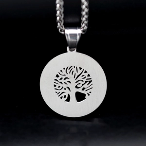 Polished stainless steel double layer zircon necklace with hollow Tree of Life pendant