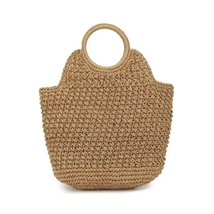 Handmade woven straw tote bag with round handles for beach vacations and daily use