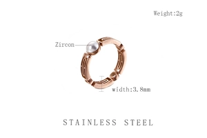 Detailed specs of rose gold stainless steel ring with zircon and geometric hollow pattern