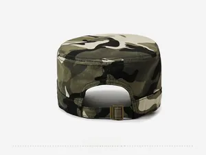 Rear view of camouflage flat top cap with adjustable vintage metal buckle closure