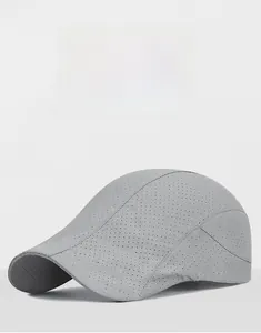 Close-up of lightweight breathable mesh fabric and stitching on a grey sun cap