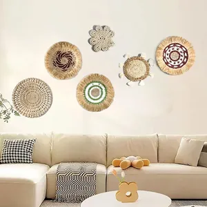 Boho Woven Wall Decor Round Natural Straw Rattan Maize Husk Cotton Hanging Mandala Pattern Tassels Handmade Decoration