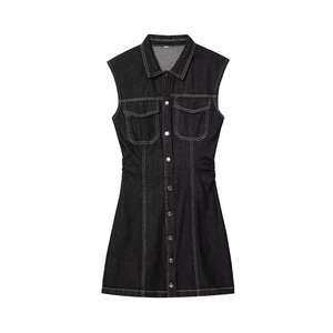 Women Casual Sleeveless Denim Vest Dress Contrast Stitching Lapel Collar Button Up A-Line Slim Fit Mini Jean Dress With Pockets