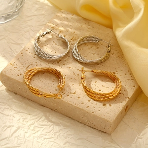 Modern Stainless Steel Triple Layer Twisted Hoop Earrings For Women 18K Gold Silver Plated Geometric Round Fashion Jewelry