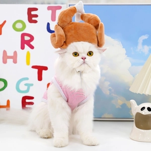 Funny turkey plush hat for cats and dogs with cute pink striped pet vest accessory