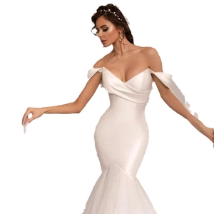 Elegant off-shoulder satin mermaid wedding dress with mesh fishtail skirt in white