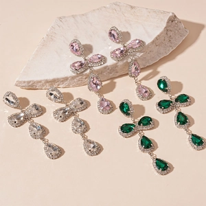 Elegant water drop fringe earrings with sparkling crystals in pink, white, and emerald green