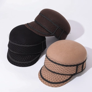 Wool newsboy caps with elegant mesh veil in three neutral colors, detailed view