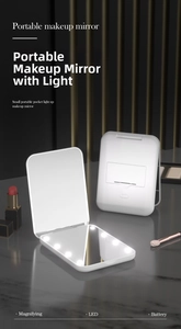 Detail view of portable LED makeup mirror with magnifying lens and battery-powered light