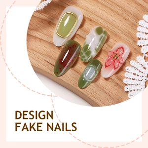 Short almond fake nails featuring olive green dots, floral designs and 3D embossed lines
