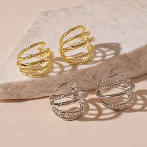 Minimalist multi-layered C-shaped geometric earrings with gold and silver hammered texture