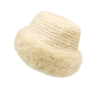 Winter plush bucket hat for women in cream faux fur with warm thick thermal lining