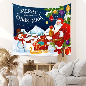 Detail of Christmas tapestry featuring Santa Claus and snowman in cozy bedroom scenery