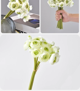 Multi-angle views of white ranunculus bridal bouquet for weddings and home decor
