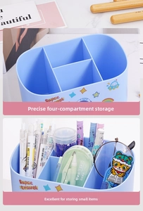Macro detail of a 4-compartment desk organizer with space-themed stickers and office supplies