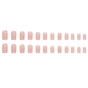 Short square soft pink press-on nails with colorful eggshell flake glitter, 24 pieces