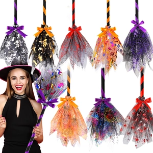 Halloween Witch Broom Detachable Plastic Mesh Tulle Ribbon Spooky Party Cosplay Costume Prop For Kids Adults