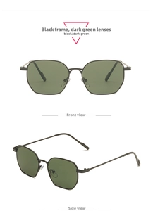 Detailed front and side views of hexagonal black metal sunglasses with dark green lenses