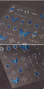 Macro detail of gothic blue gem butterfly nail stickers with silver foil moon and star motifs