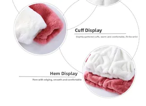 Detail of soft faux fur cuffs and flat hem on kids warm winter coat in white and pink