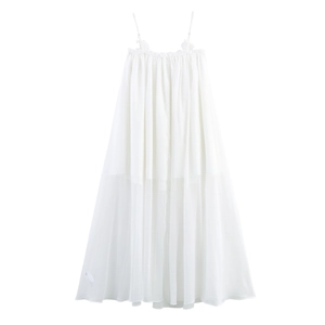 Elegant white spaghetti strap long dress with ruffle neck and loose A-line chiffon fabric