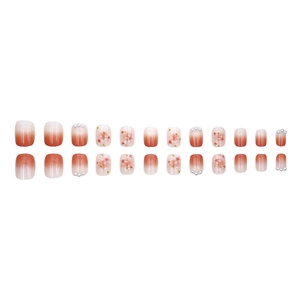Pink gradient press-on nails with white cherry blossoms and small pearls, 24-piece set