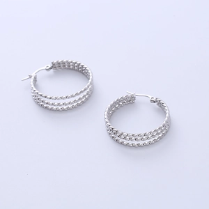 Polished silver twisted rope hoop earrings with a minimalist triple-strand woven design