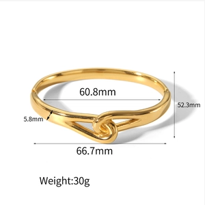 18k gold plated stainless steel knot bangle with size and 30g weight measurements