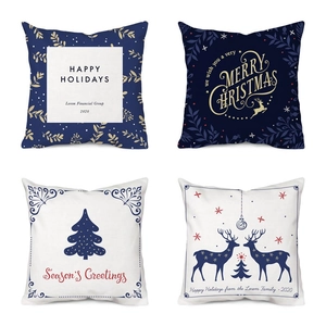Detail of four Christmas pillow covers with reindeer and snowflake prints in 18x18 inch