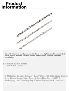 Detail of 3mm hollow heart link copper chain for DIY jewelry making in various finishes