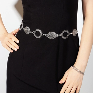 Vintage silver metal coin waist chain with tassel and floral relief for dresses